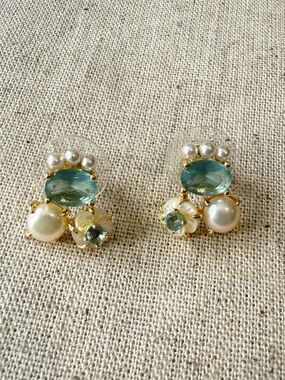 Nicola Bathie Mother of Pearl and Aqua Oval Crystal Floral Stud Earrings